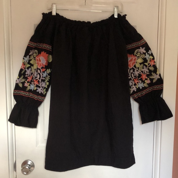 FREE PEOPLE Fleur du Jour Off shoulder Embroidered Black Mini dress Size M - Picture 6 of 8
